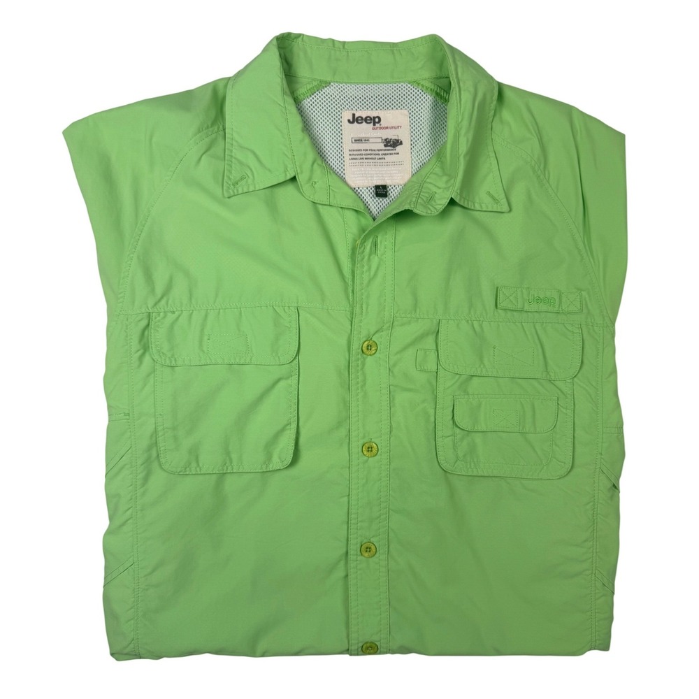Jeep‎ Button Up Shirt Mens Large Green Excellent Short Sleeve Utility Pocket